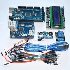 SUQ Mega2560 r3 for arduino kit + HC-SR04 +breadboard cable + relay module+ W5100 UNO shield + LCD 1602 Keypad shield