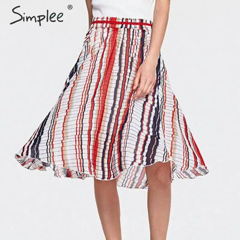 женская шифоновая юбка Simplee с высокой талией корейская полосатая миди на лето