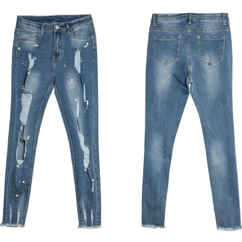 Рваные узкие джинсы LOGAMI Женские джинсы-карандаш с бусинами весна-лето женские
