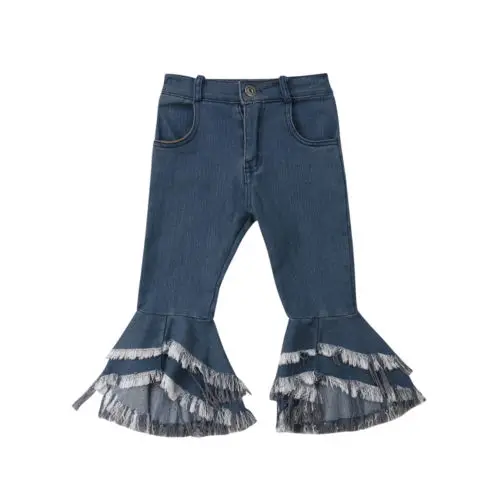 Женские повседневные длинные джинсы с оборками для маленьких девочек брюки-клеш