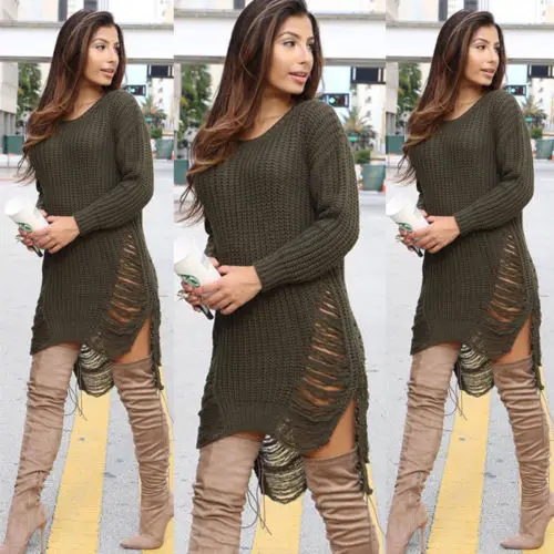 Хит продаж Женский однотонный короткий Свободный Длинный свитер с круглым