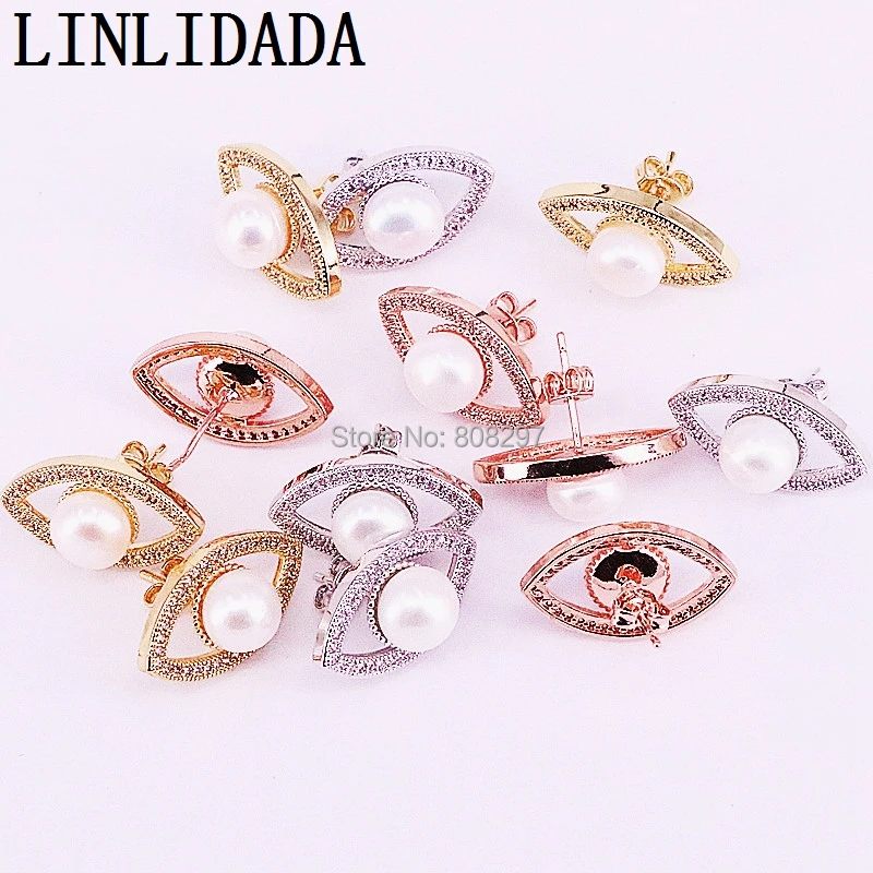 

10Pair New elegant Cubic Zirconia Micro Pave Fashion Jewelry Eye shaped Pearl Stud Earrings For Women Gift