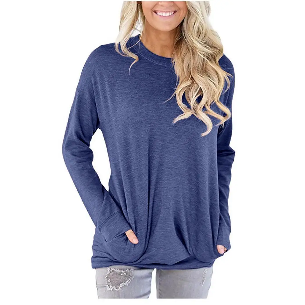 Woman Casual T-shirt Multi-color Solid Color Women Pockets Decor Loose Causal O-Neck Top Long Sleeve | Женская одежда