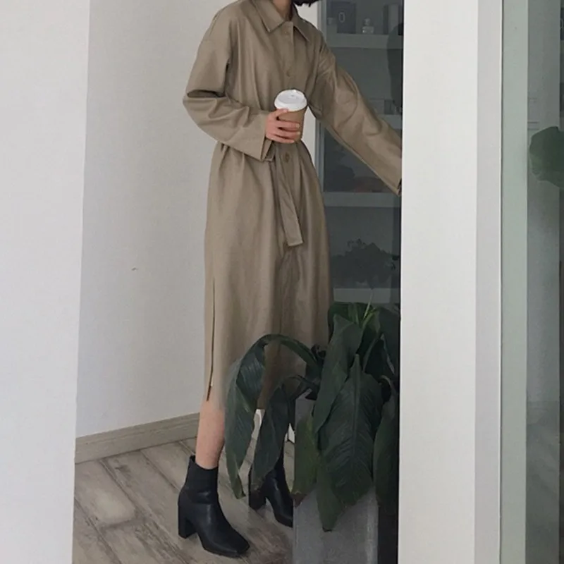 TWOTWINSTYLE корейский черный Тренч женский с длинным рукавом кружево сбоку