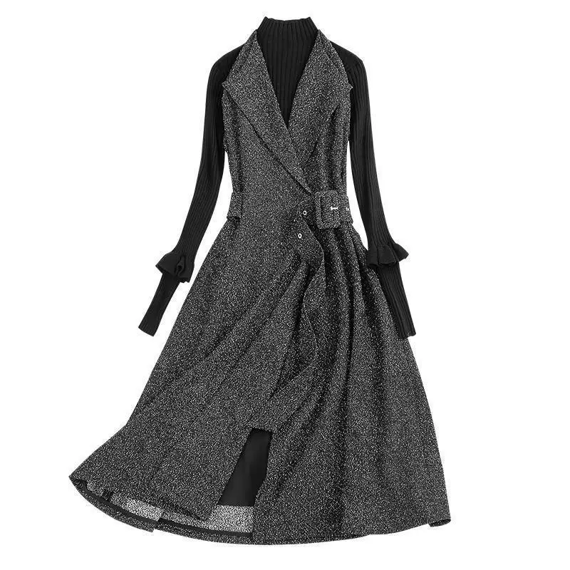Весна осень зима Hiver Vestiti Donna Sukienka женщин Высокая Талия Винтаж корейский V шеи