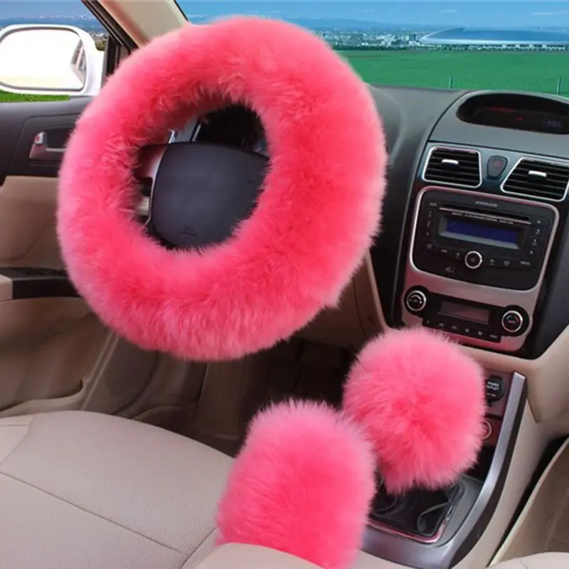 

USA Stock 3Pcs Soft Warm Sheepskin Long Wool Fuzzy Steering Wheel Cover / Pink