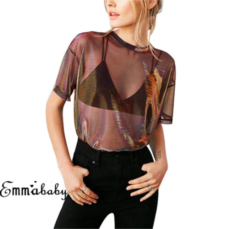 Summer Women Lace Sequined Blouses Shirt Ladies tops Sexy mesh Transparent Elegant See-through Black |