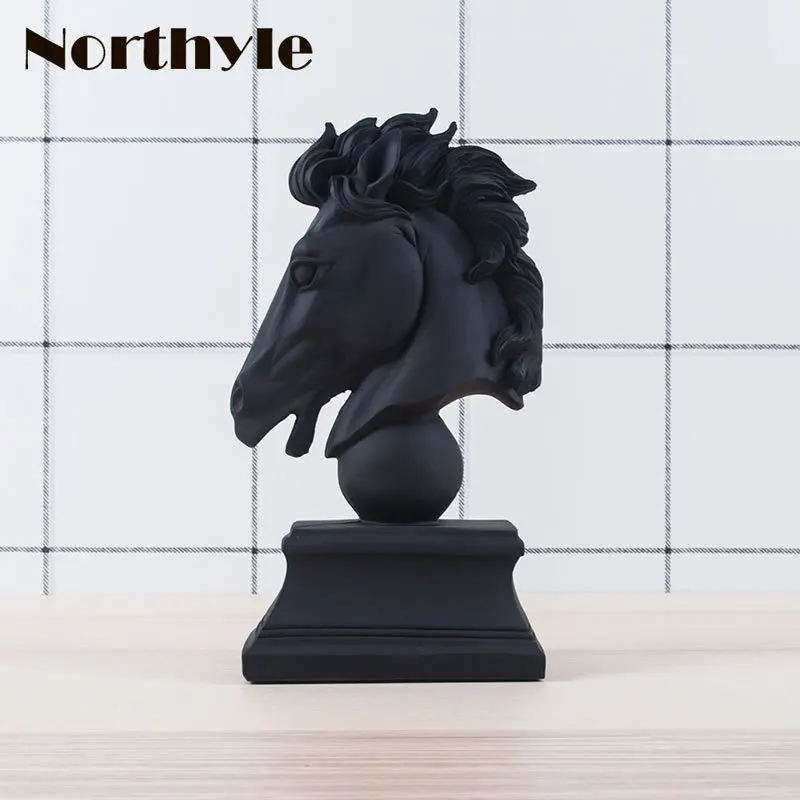 Unique black horse head statue resin figurine for home decoration craft feng shui xmas decor gift men | Дом и сад