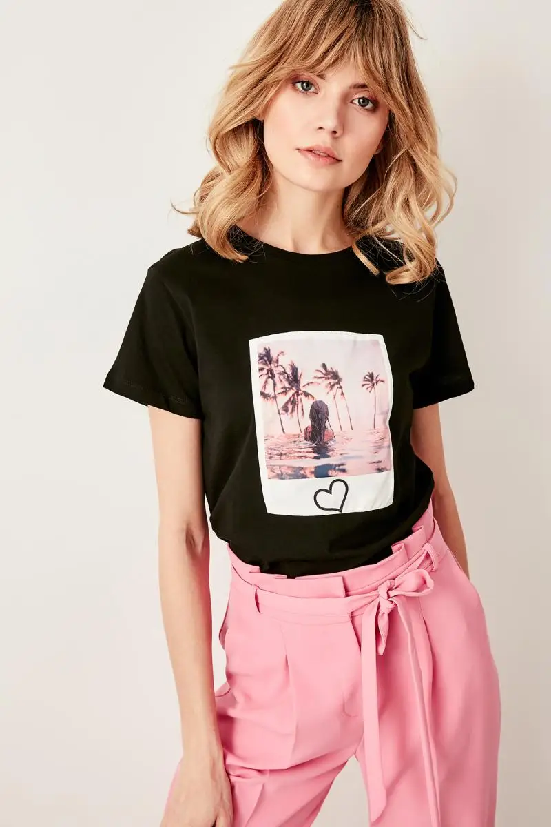 Trendyol черные трикотажные футболки с принтом Polaroid TWOSS19AD0011 | Женская одежда
