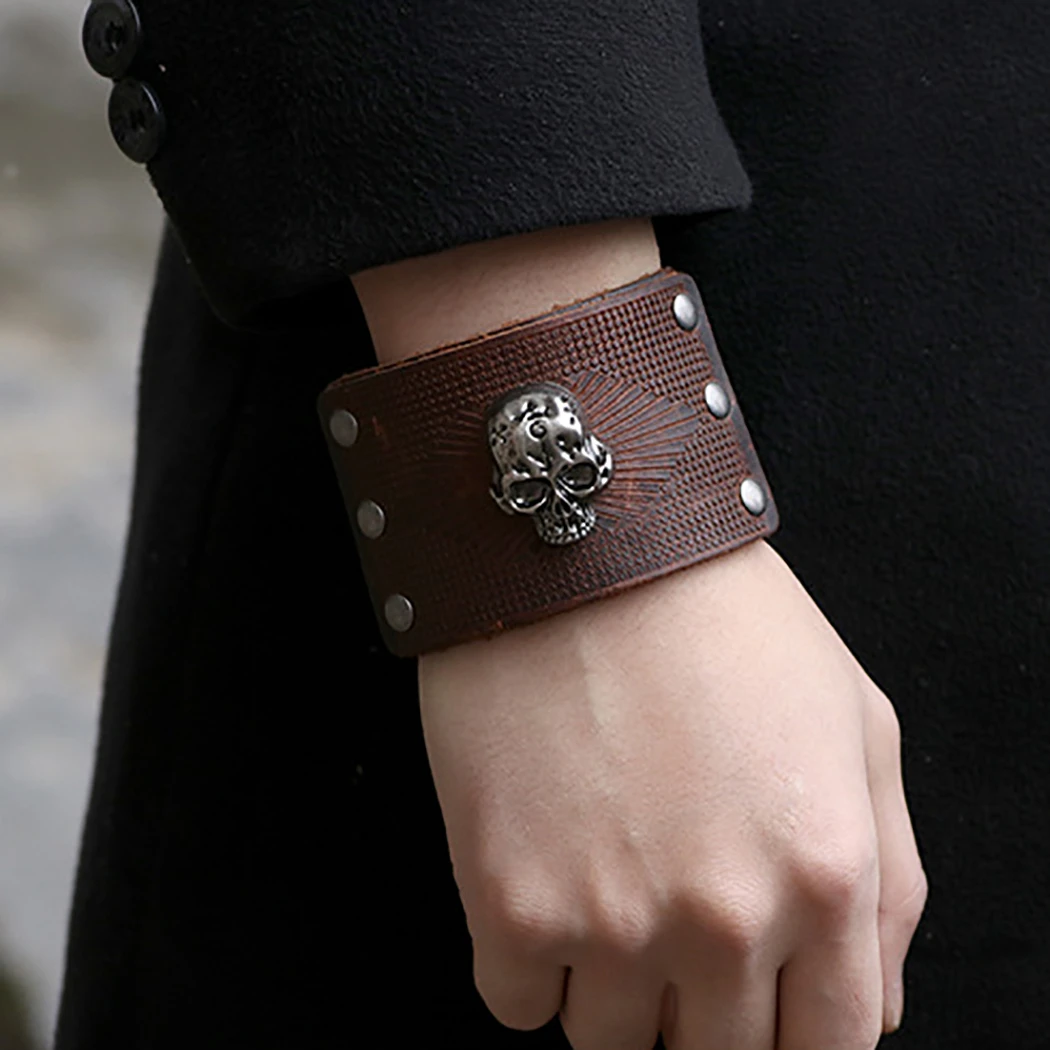 2019 Fashion Punk Skull Bracelets For Men Charmn PU Leather Wrap &amp Bangles Male Gothic Jewelry Gift | Украшения и аксессуары