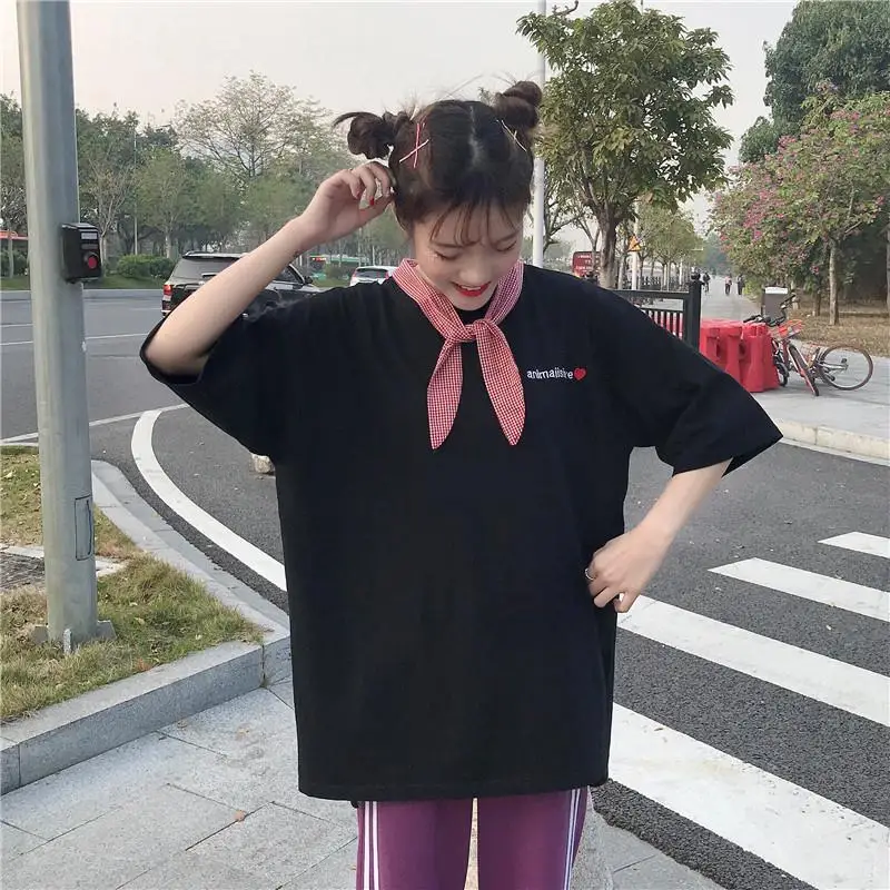 Женская футболка с коротким рукавом Harajuku BF Повседневная Свободная бантом в стиле