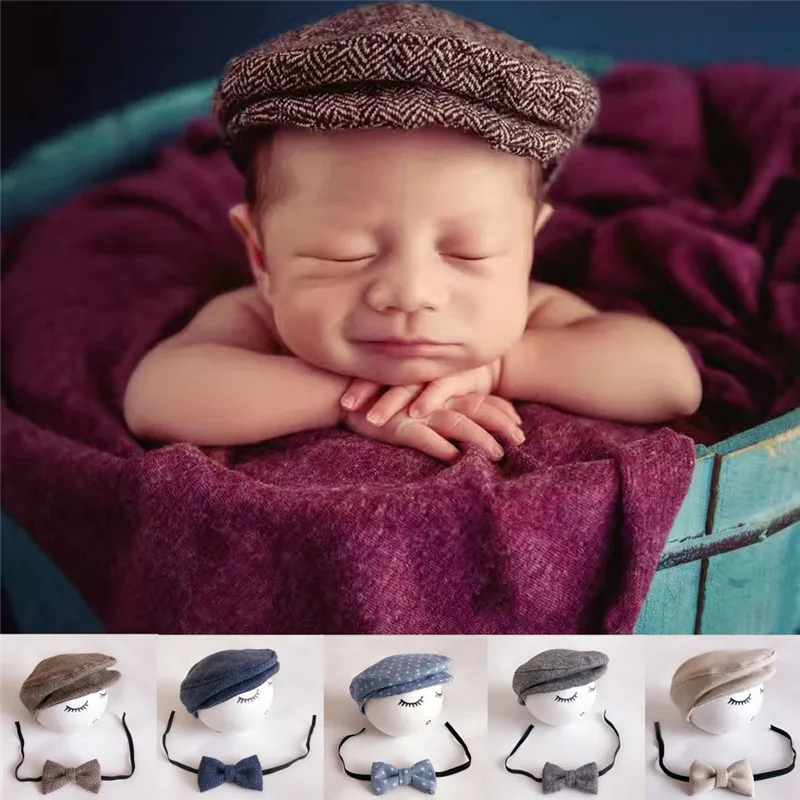 Baby Newborn Peaked Beanie Cap Hat +Bow Tie Photo Photography Prop Outfit Set Fashion Instagram Photoes-taking Accessory | Детская