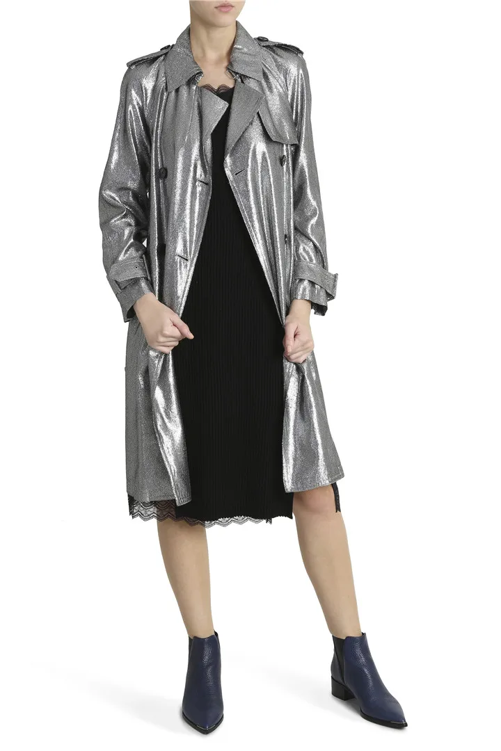 

Long Double Breasted Trench Coat Casual Silver Lace Up Overcoat Female Fashion High Quality Spring Loose Outerwear with Belt2019