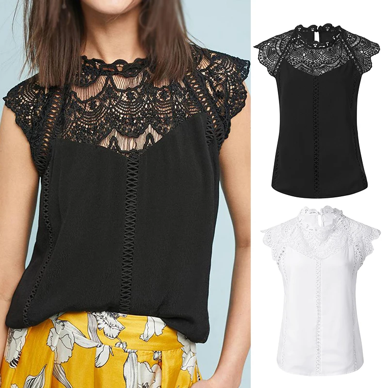 Ladies Tops Work Casual Office Shirt Round Neck Blouse Party Summer Vintage Hollowed |
