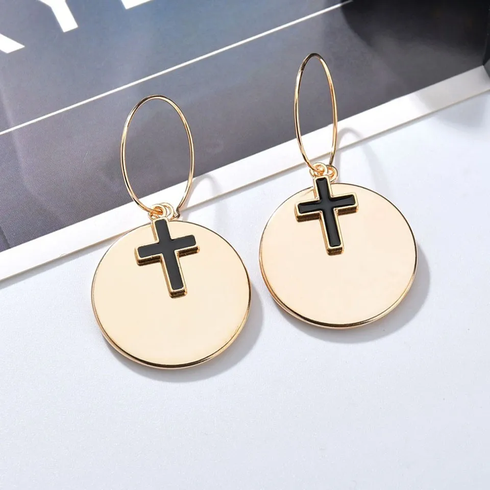Women Fashion Drop Earrings Round Plat With Cross Wedding Party Trendy Jewelry Female Cute And Romantic Handmade Ear Cuff | Украшения и