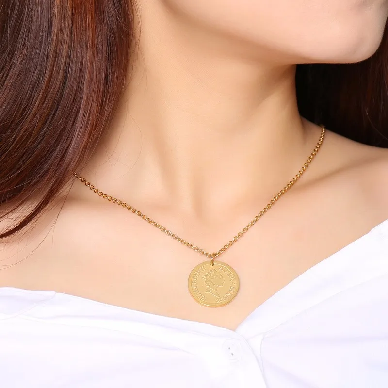 Vnox Elizabeth Australia 1998 Coin Necklaces for Women Trendy Gold Tone Stainless Steel Pendant with Adjustable Length Chain | Украшения и