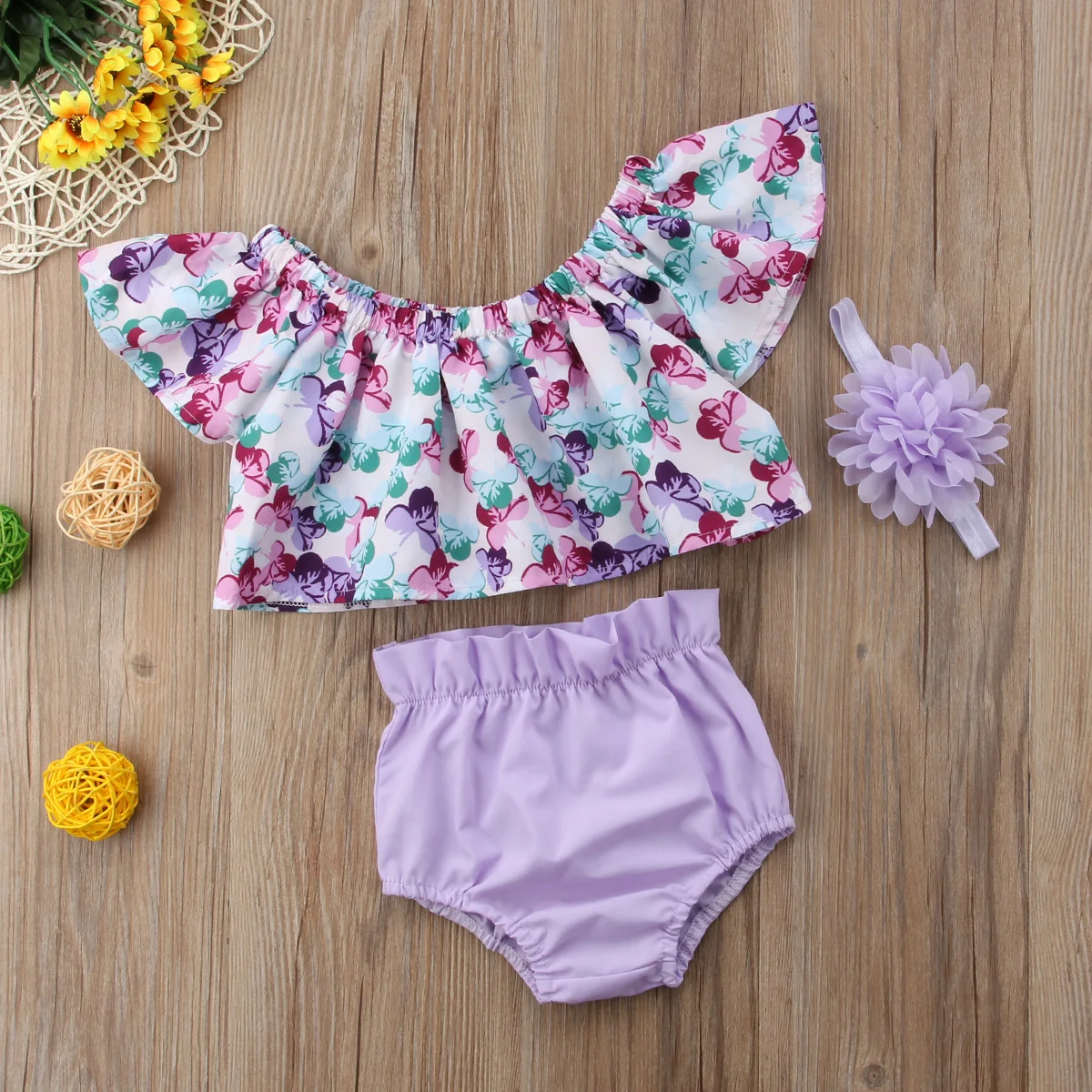 2019 Children Summer Clothing Newborn Infant Baby Girl Floral Off Shoulder T-shirt Top+PP Short Pant+Headband 3Pcs Sets Outfit | Детская