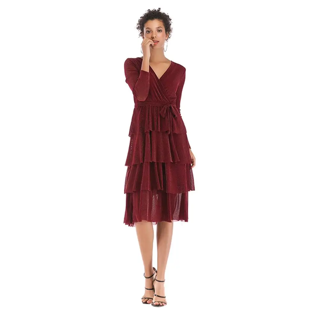 2019 women's short dress ball gown cascading ruffle ladies spring autumn V-neck tie cake dresses waist long-sleeved female | Женская
