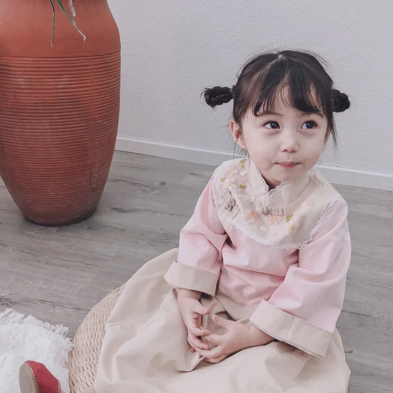 Длинное платье с цветочной вышивкой для маленьких девочек простой китайский