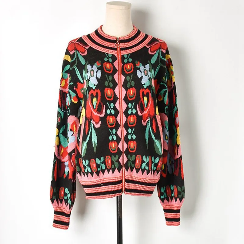 Jacquard Knit Cardigan Sweater 2018 Winter Hit Color Flower Print Long Sleeve Coat Women Zipper Knitted Baseball Jacket |