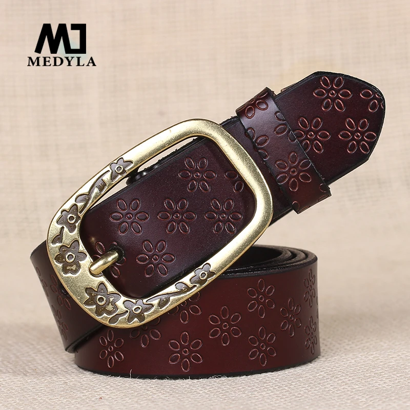 MEDYLA Women Belt Plum Carving Genuine Leather 3.2cm Wide Jeans Belts For Women Retro Fashion Design Waist Decoration L23