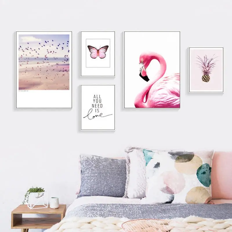 Decoracion Nordica розового цвета с бабочками плакат Фламинго ананас небо птицы Wall Art
