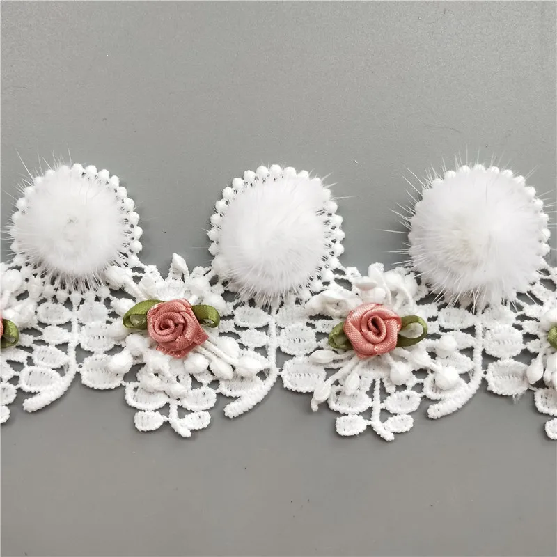 1yd Cotton White Pompom Ball Rose Flower Embroidered Lace Trim Ribbon Fabric Sewing Supplies Craft Decor DIY Handmade Materials | Дом и сад