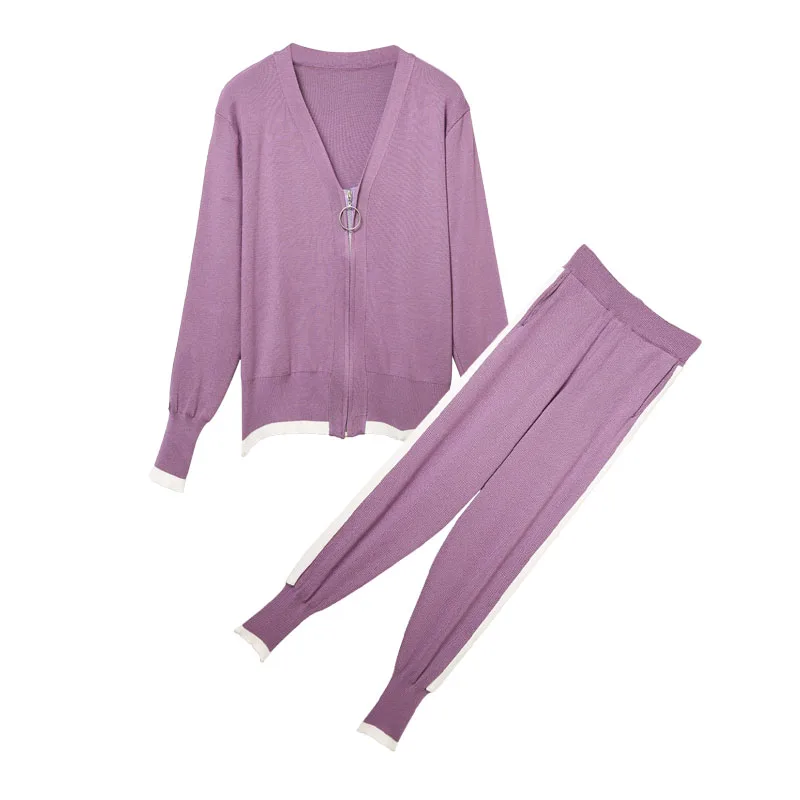 Женский жакет на молнии с v образным вырезом пальто + брюки карандаш вязаный