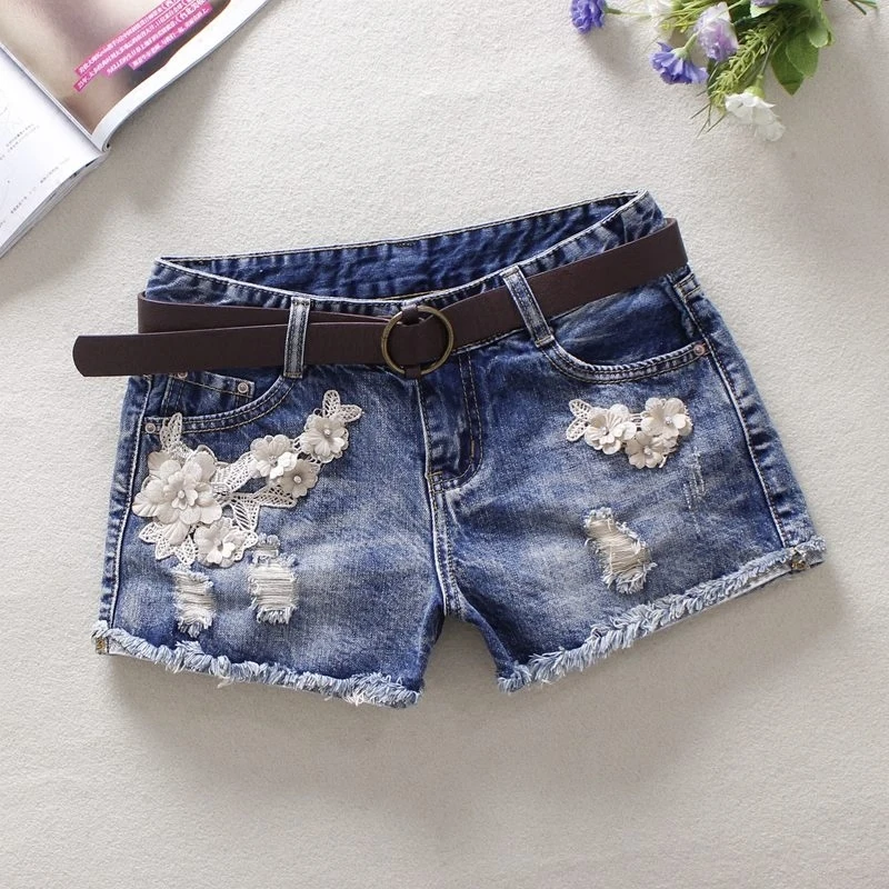 

2019 Summer Women's Sexy Mid Waisted Denim Shorts Ladies Lace Floral Cowboy Shorts Jeans For Women