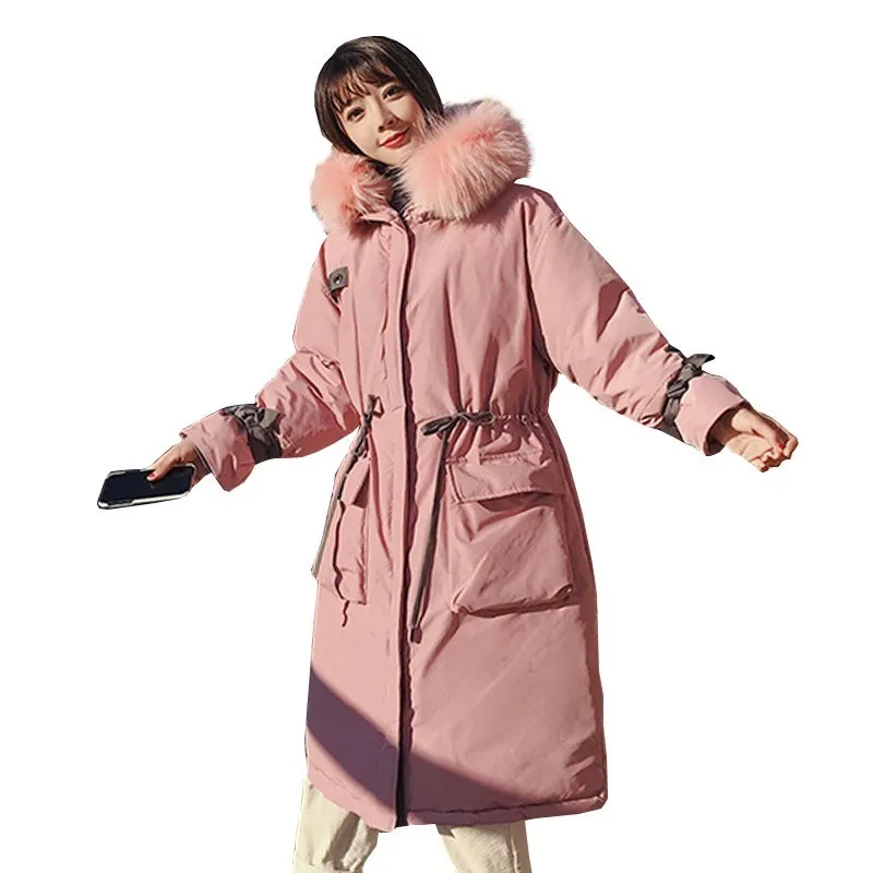 Pink Hooded Large Fur Collar Plus Size Down Parka Winter Jacket Coat Women Loose  Warm Padded Overcoat Manteau Femme Hiver Ls118