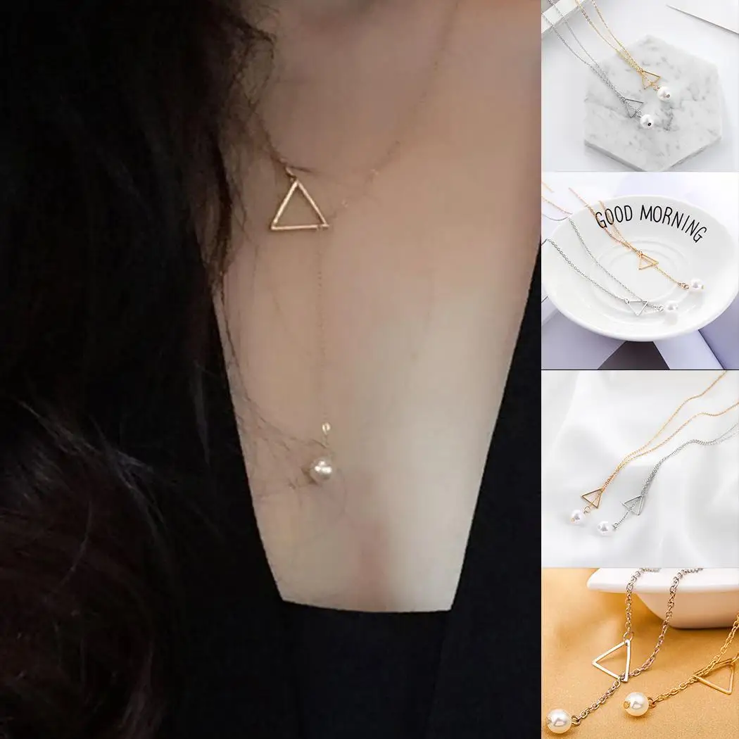 Women Fashion Adjustable Triangle Imitation Pearl Pendant Necklaces Jewelry Casual Party Beach etc Hollow Out Link Chain | Украшения и