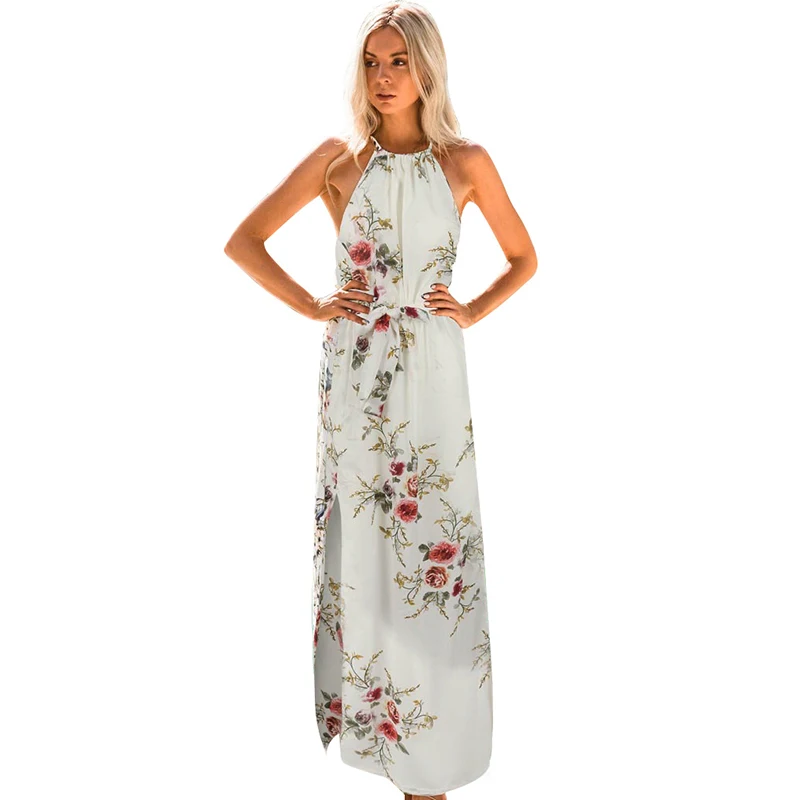 Женское богемное платье с цветочным принтом бретелькой через шею без рукавов