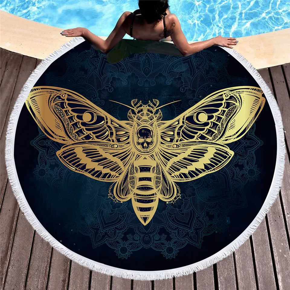 Круглое пляжное полотенце Death Moth с черепом для взрослых черно белое банное из