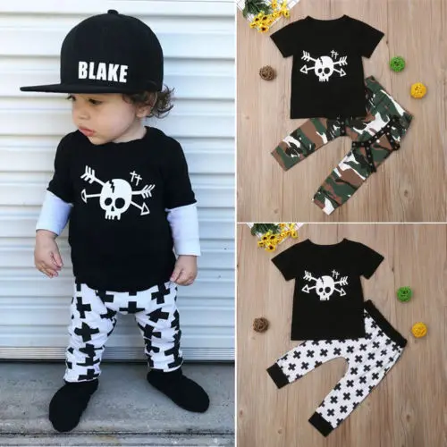New Spring Summer -Toddler Kids Baby Boy Outfit Clothes Skull Print Short Sleeve T-shirt Tops+Long Pants Cotton Set 1-6T | Детская