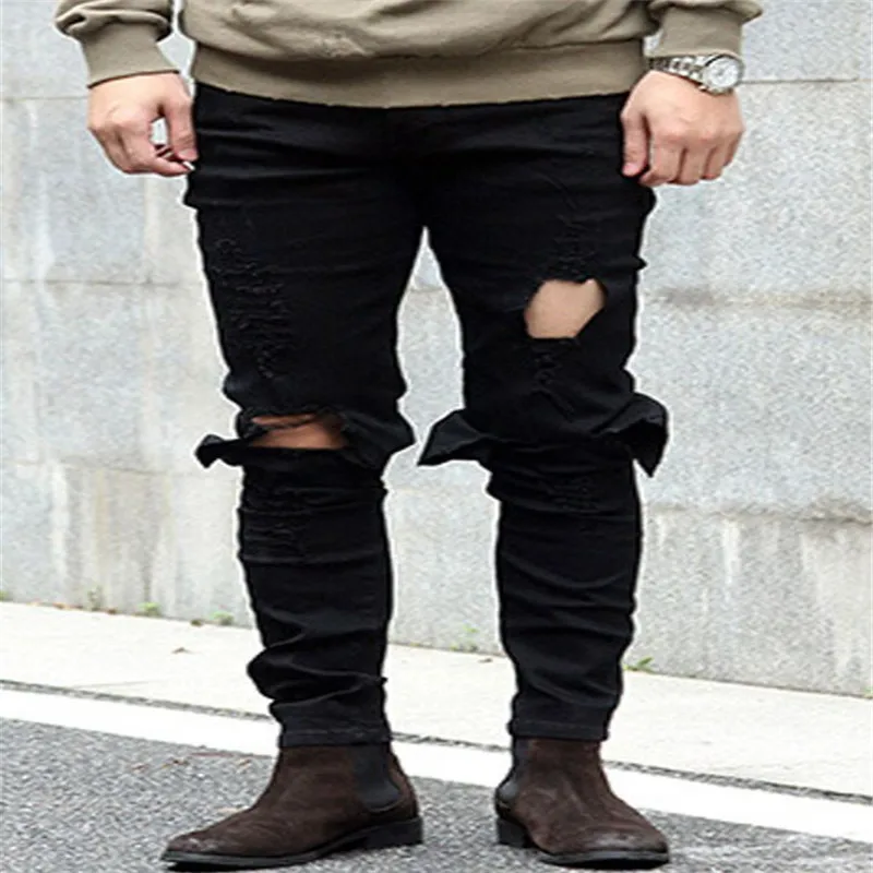 

2019 Spring Summer New Fashion Casual Stretch Skinny Jeans for Men Ripped Hole Hiphop Slim Fit Solid Colors Pants