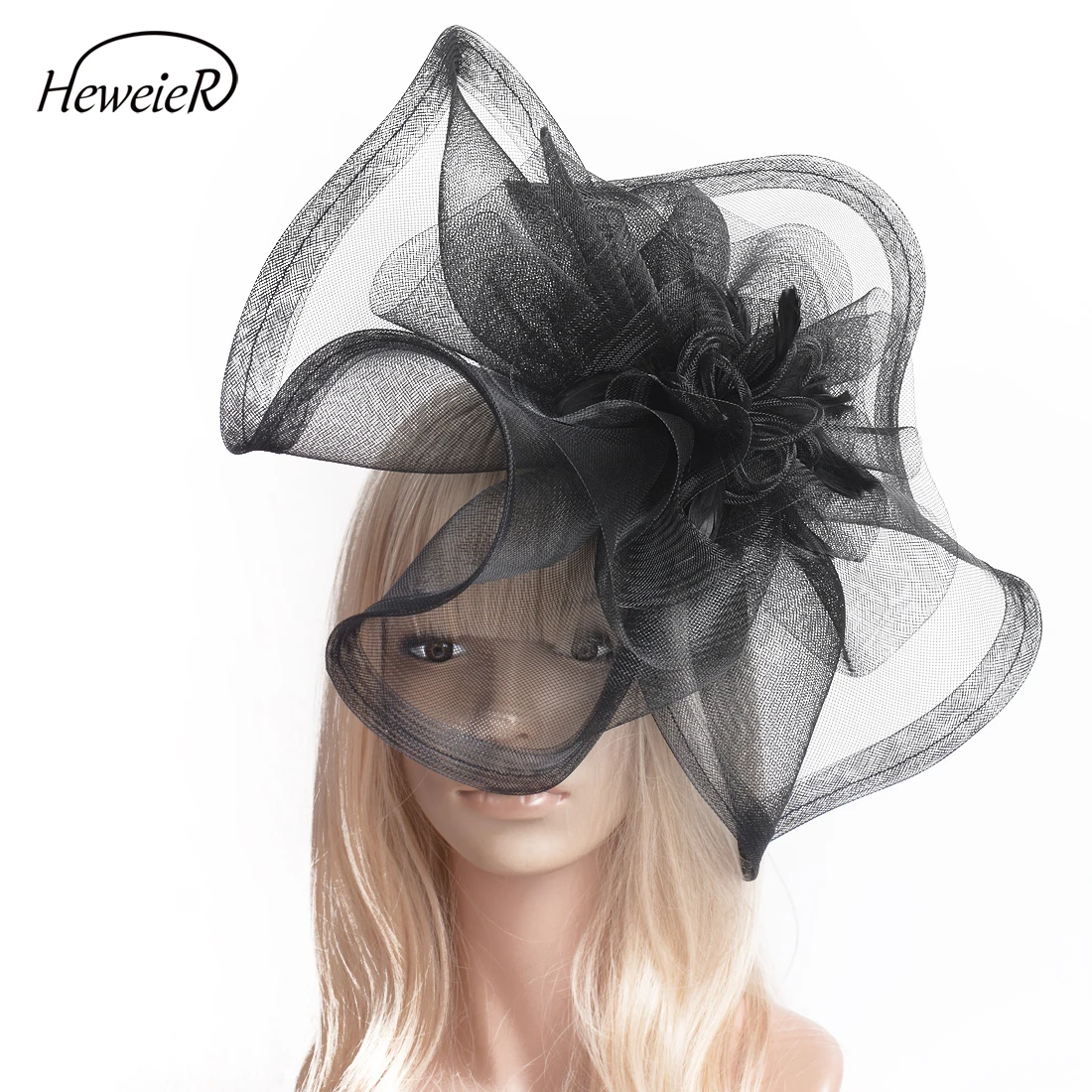

Women Lady Large Fascinators Hair Clips Handmade Feathers Veil Netting Hair Pins Headwear Party Cocktail Wedding Hat Black/Blue