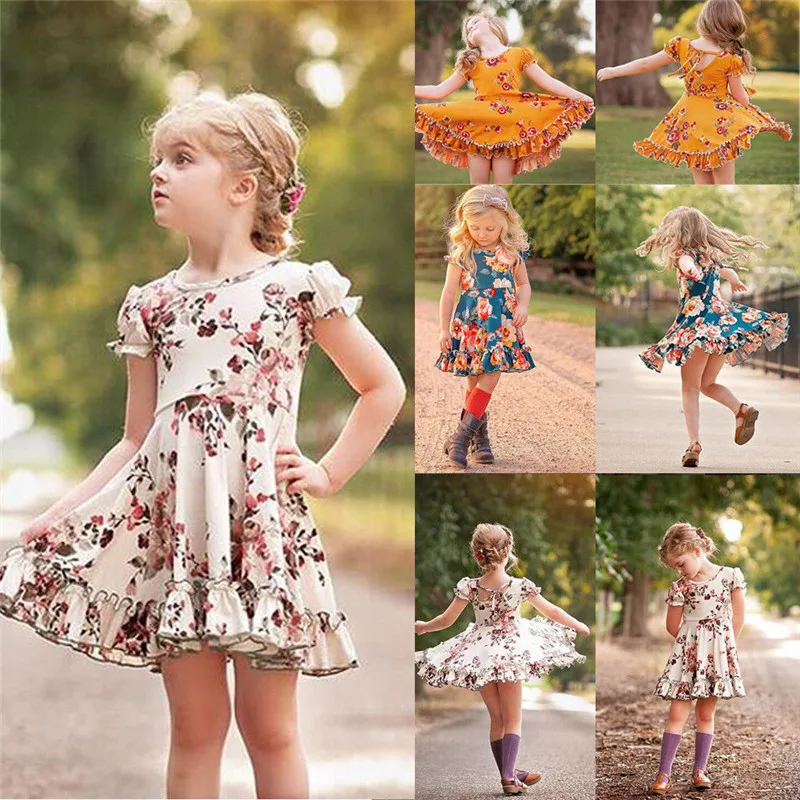 

2019 Newborn Baby Girls Clothes Toddler Floral Ruffle Dresses Kids Summer Princess Party Dress Sundress Size 1-6T