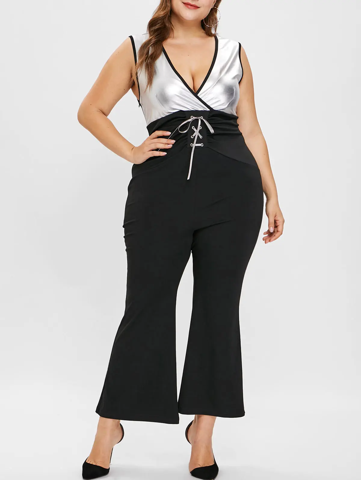 Wipalo Plus Size Sleeveless V Neck Contrast Flare Jumpsuit With Lace Up Surplice Two Tone High Waisted Color Block 4XL | Женская одежда