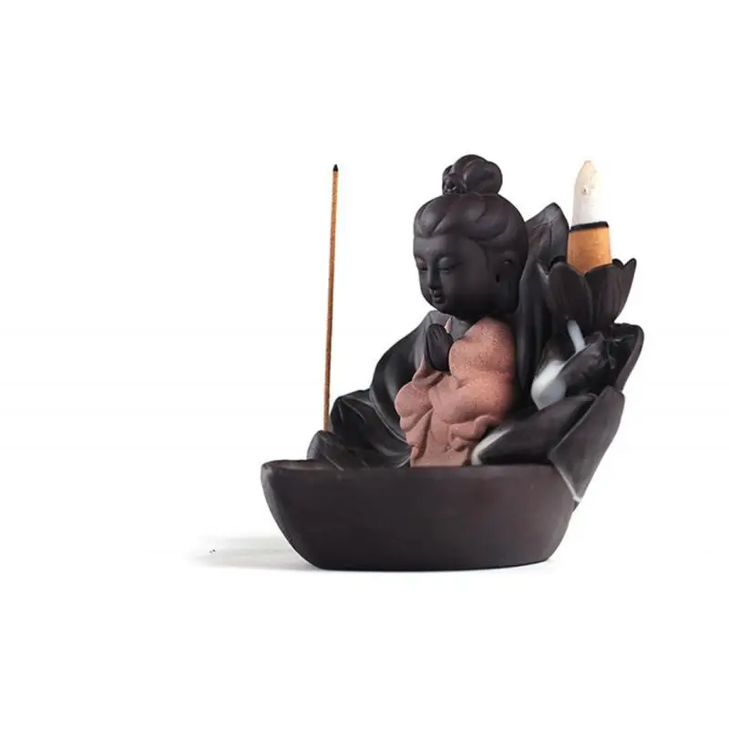 

Backflow Incense Burner Ceramic Little Monk Ceramic Stick Incense Holder Home Decor Smoke Waterfall Aromatherapy Buddha Censer
