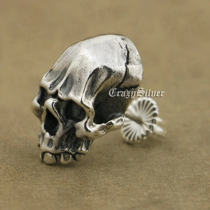 Cool Knight's Individuality Punk Rock Retro Skull Stud Earrings Men Solid 925 Sterling Silver TA40 | Украшения и аксессуары