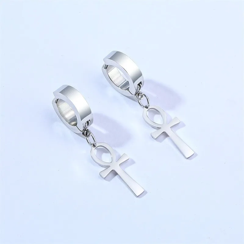 Винтажные мужские и женские сережки Ankh Cross серебристый оттенок свисающие серьги