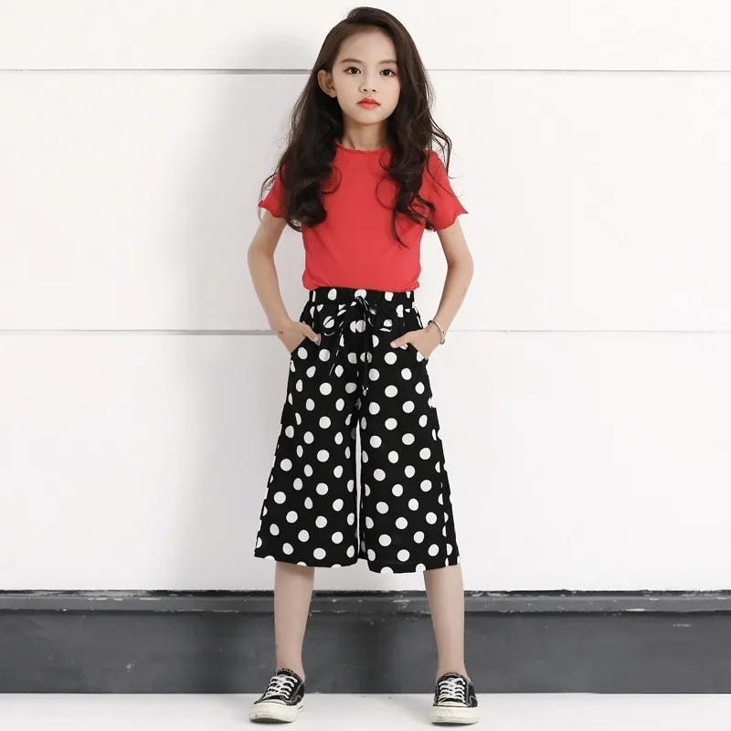 

Teenage Girls Pants Kids Wide Leg Dot Toddler Summer Pants Calf Length Loose Black Little Kids Clothes Spring 2021 Fashion