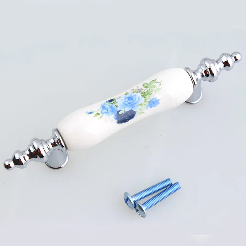 76 мм модный Сельский синий цветок керамический кухонный шкаф дверные ручки 3