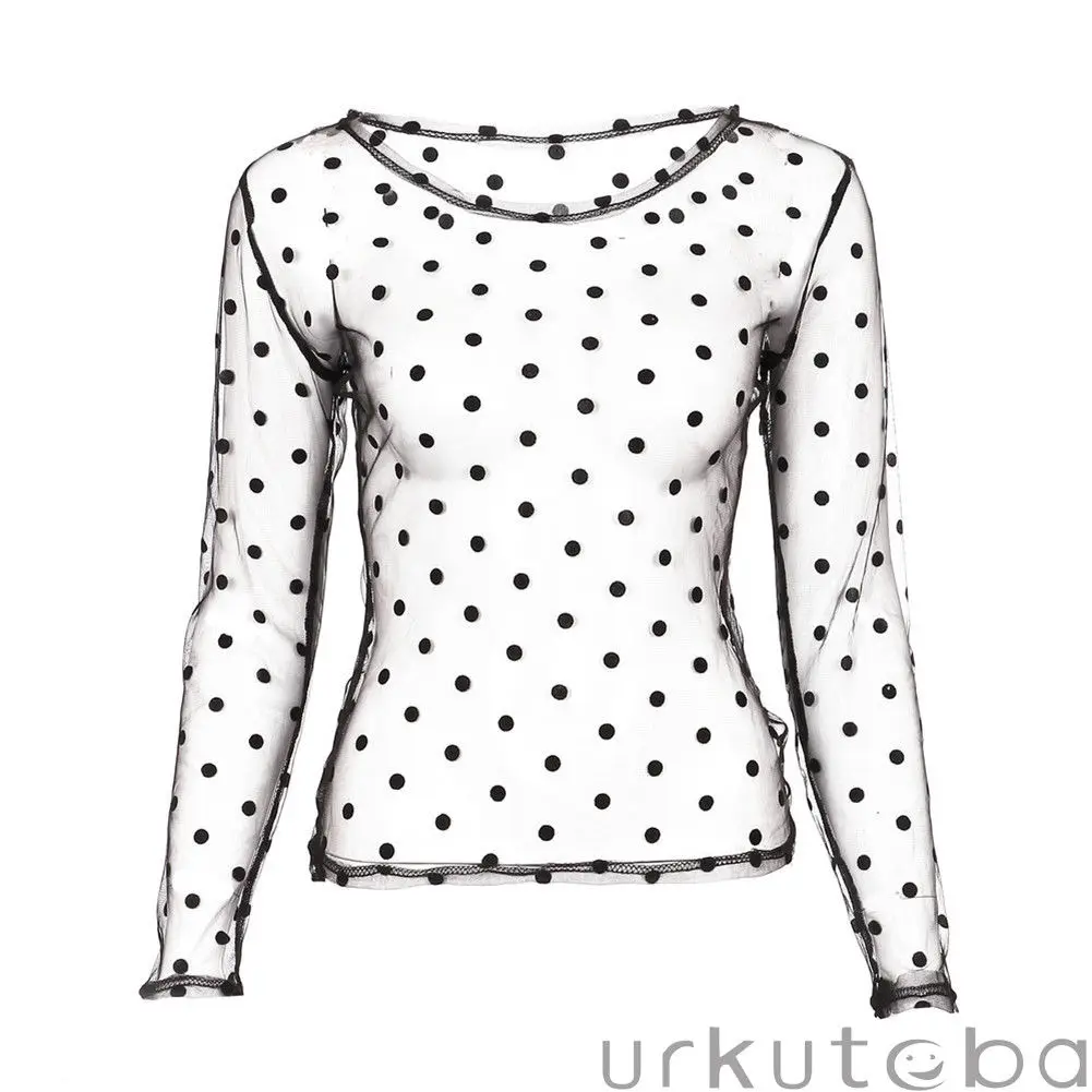 Весенне-летний женский сексуальный черный сетчатый топ с длинным рукавом