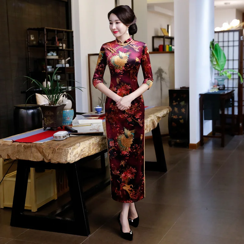 Женское китайское традиционное вечернее платье Cheongsam бархатное длинное