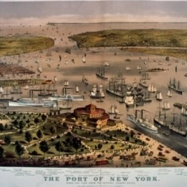 Порт Нью-Йорк вид птичий глаз от аккумулятора Looking South Currier & Ives (1834-1907/American) цвет