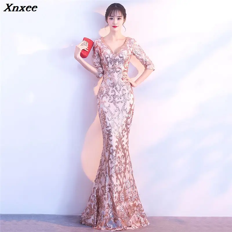 

Xnxee Celebrity Party Dresses Champagne Gold Sequined Half Sleeve Long Mermaid Slim Women Elegant Party Dress Vestidos Xnxee