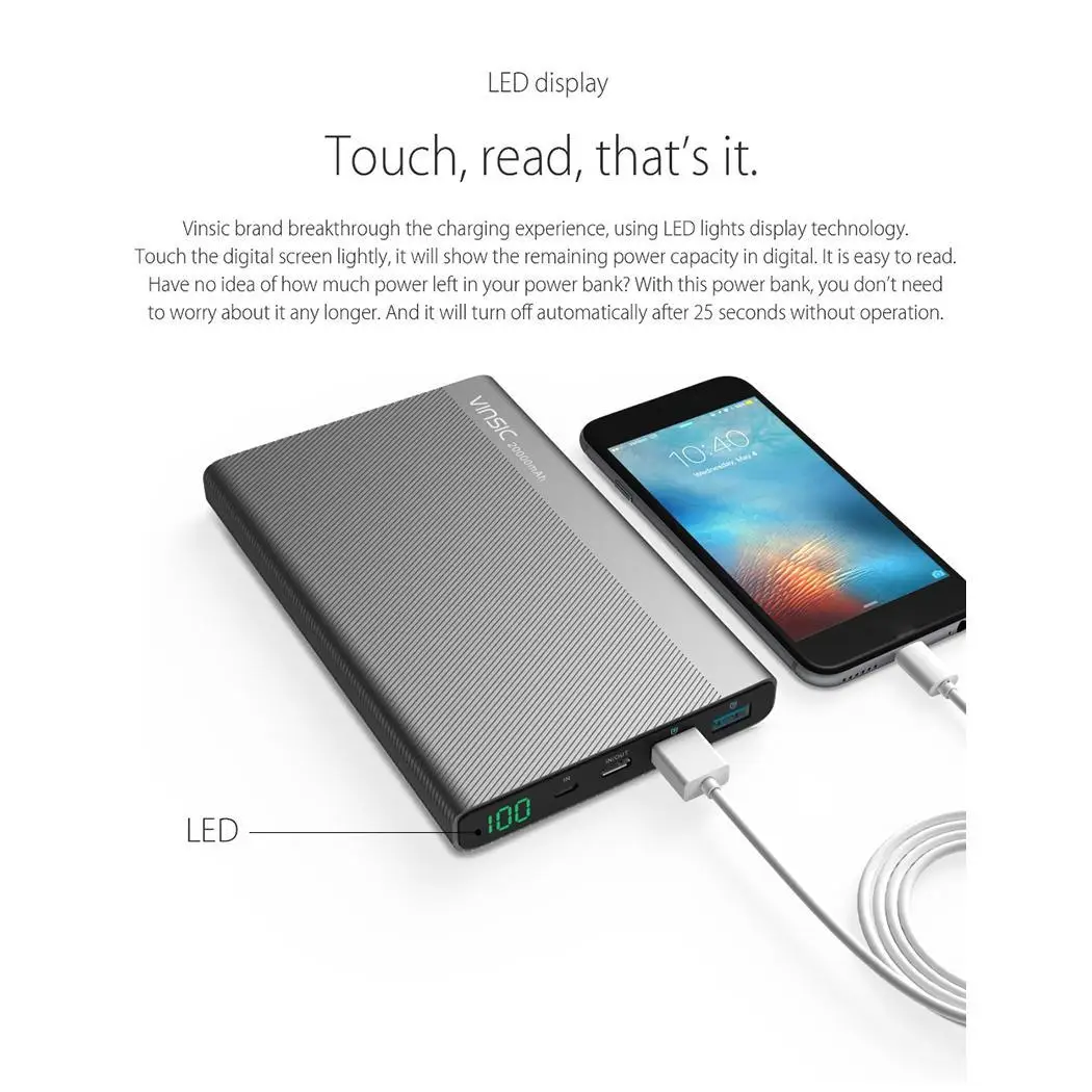VINSIC 20000 мАч Внешний аккумулятор 2.4A двойной USB Type C светодиодный дисплей Внешнее