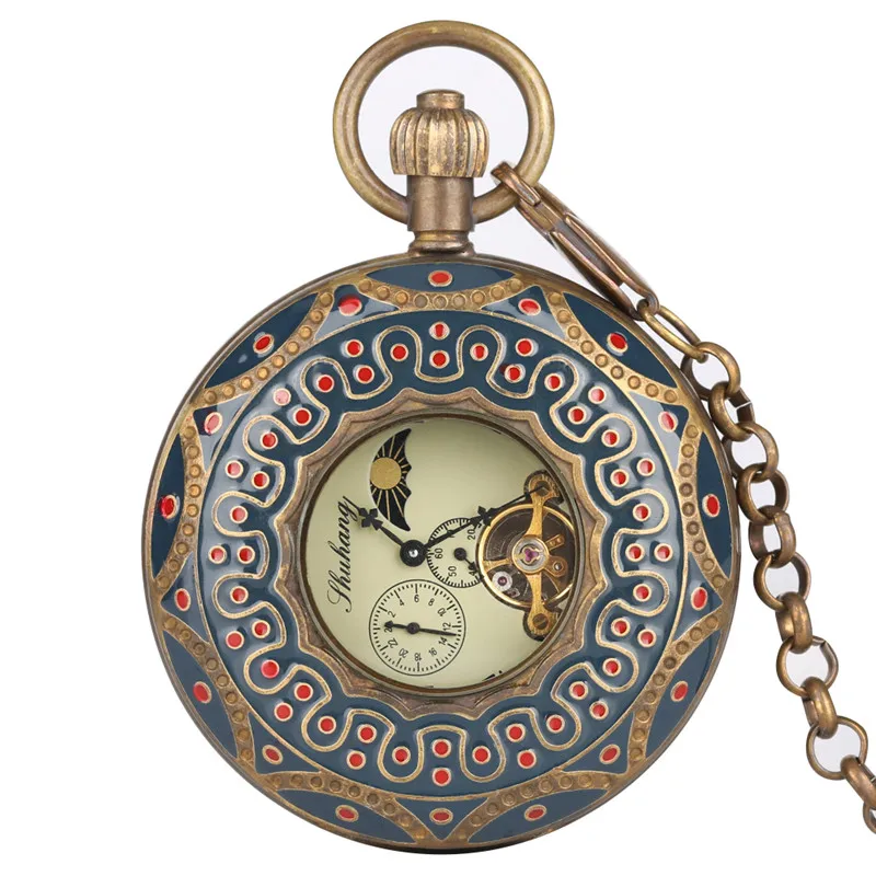 

Hollow Mechanical Pocket Watch for Women Men Horizontal Phases Moon Sun 24-Hour Skeleton Pocket Watches Retro With Necklace