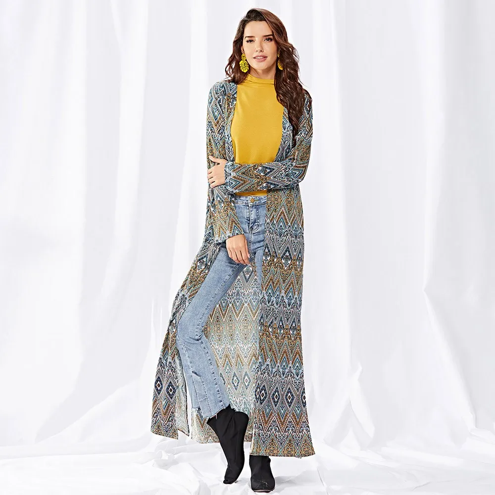 Длинное пальто кардиган Для женщин Разделение Свободные Boho модный принт верхняя